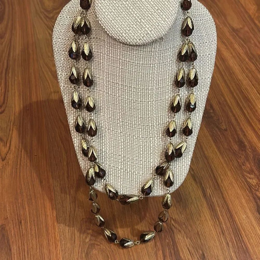 Vintage double strand crystal class necklace gold brown